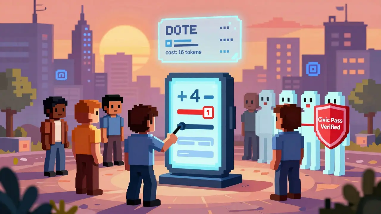 Pixel art of diverse users voting with a quadratic system, Sybil attacks blocked by identity verification shield.