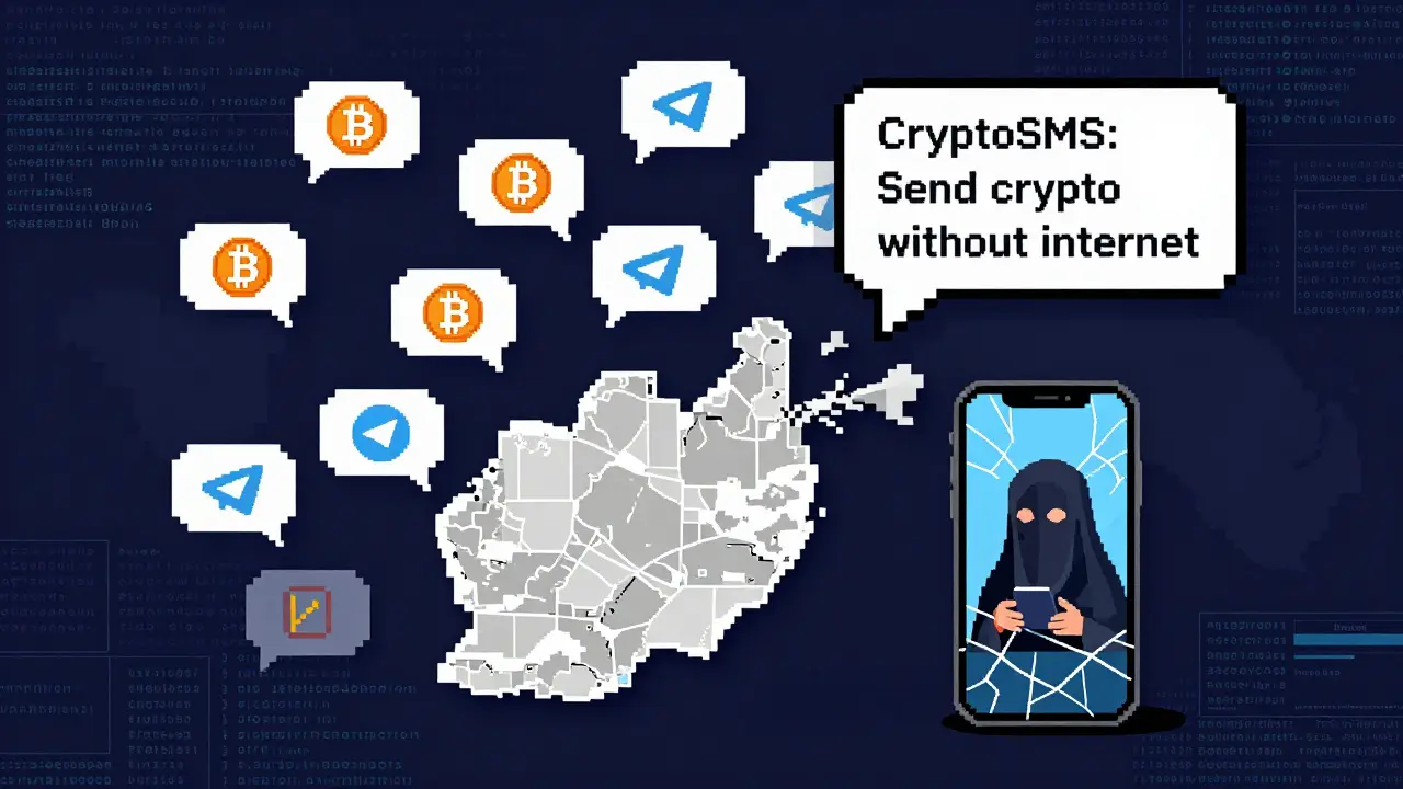Pixelated Telegram chat network over Afghanistan with CryptoSMS message, woman sending transaction via cracked phone.