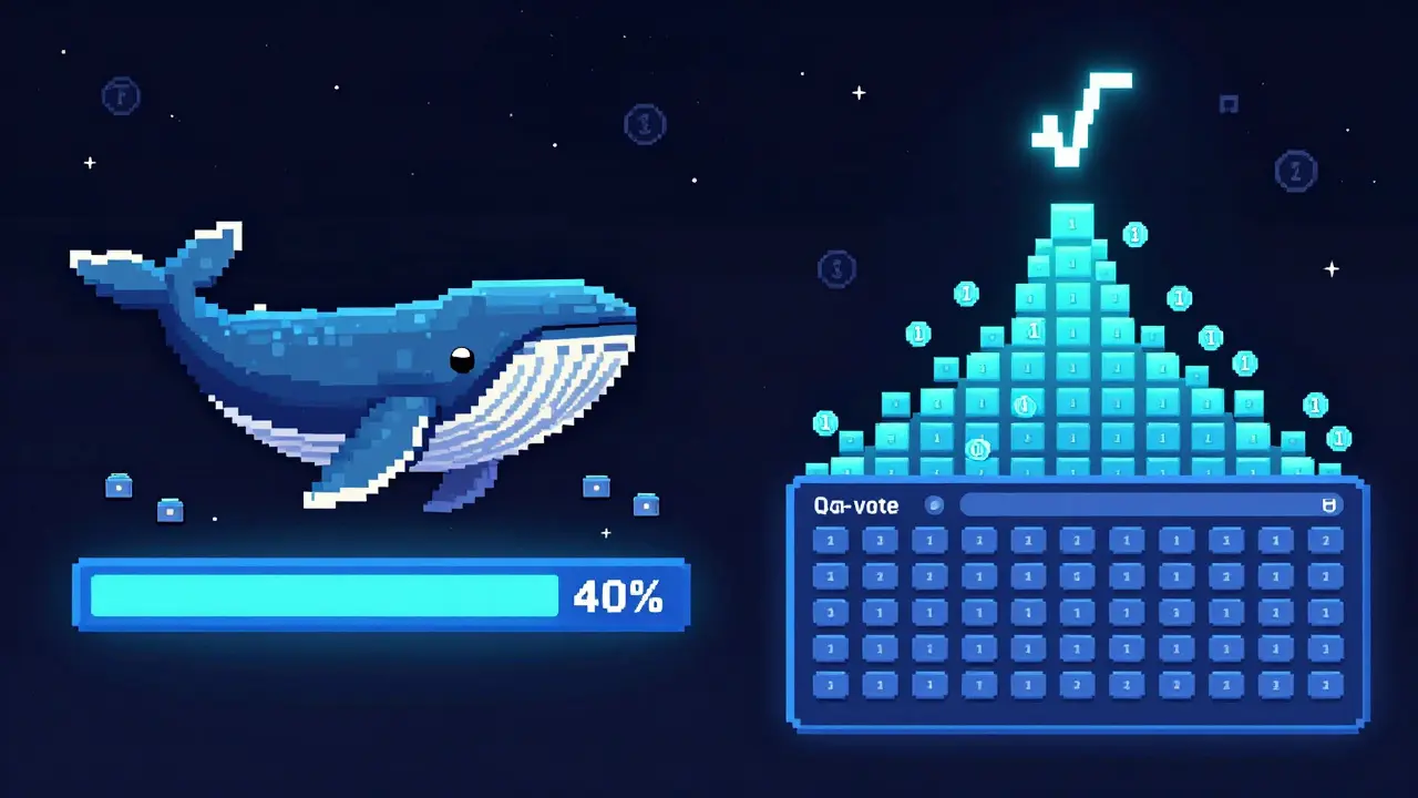 Side-by-side pixel art comparing linear voting (whale dominates) and quadratic voting (community outvotes whale).