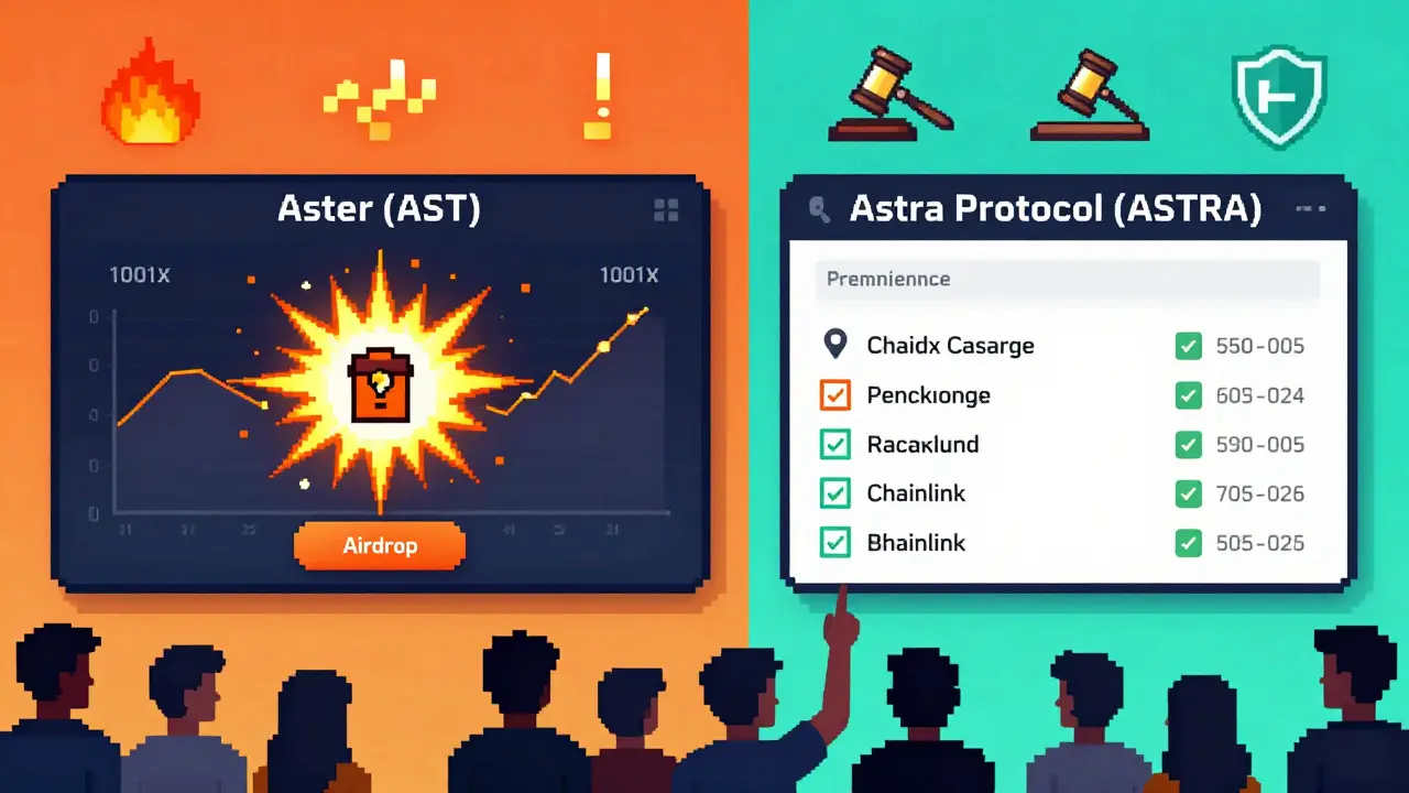 Side-by-side pixel art: one screen shows high-leverage trading with airdrop hype, the other shows quiet compliance dashboards.
