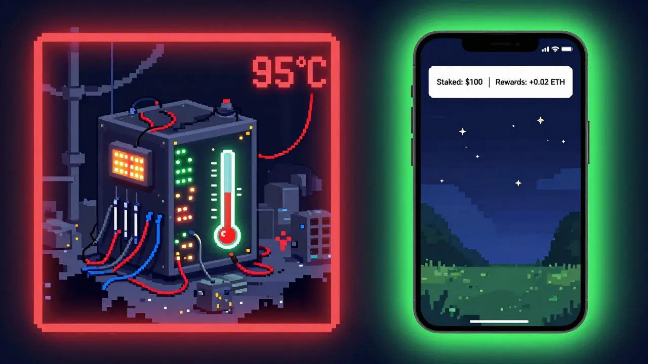 Split-screen: chaotic mining rig on left, calm staking phone interface on right with rewards displayed.