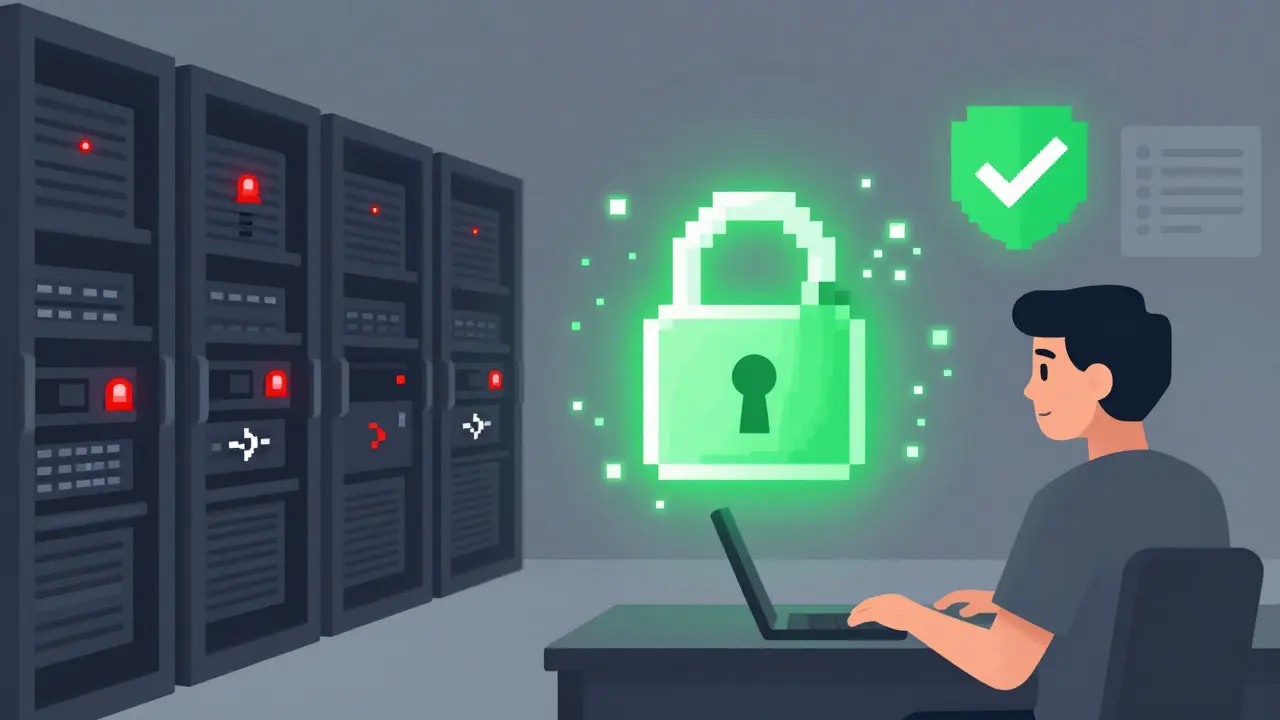 Split-screen contrast: chaotic hacked server room vs. calm user securely sharing a digital credential via zero-knowledge proof.