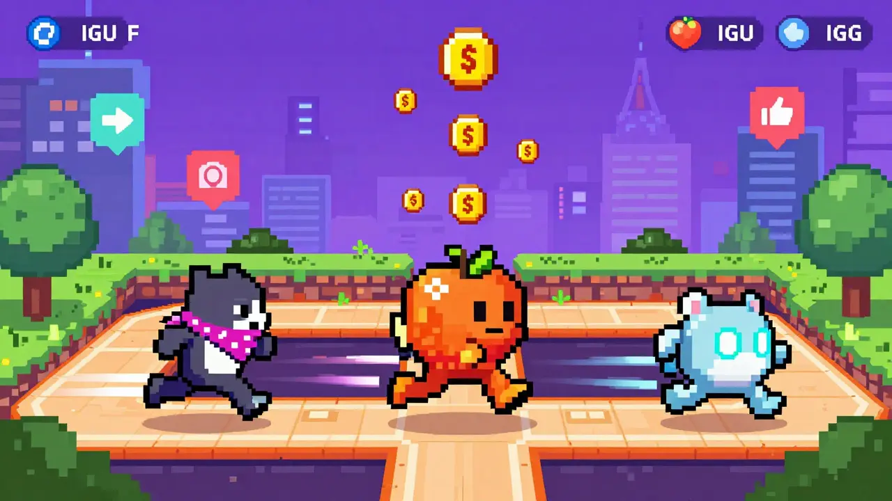 Three users compete in a pixel-art pet race game, earning IGU tokens as their digital pets sprint through a vibrant course.