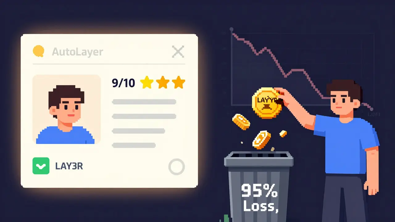 User happy with AutoLayer interface on left, tossing LAY3R token into trash on right, pixel art style.