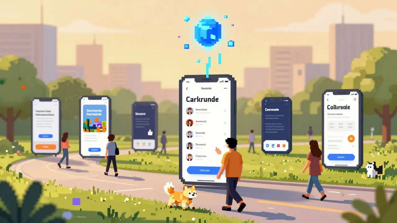 Users earn rewards as branded pixel pets follow them while walking, with data streams connecting real-life activity to blockchain rewards.