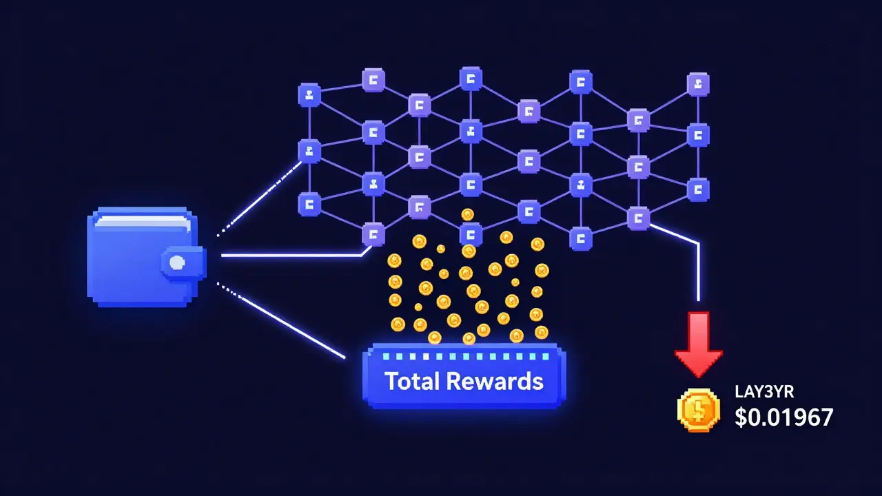 Wallet linked to protocol nodes with reward coins flowing into a meter, LAY3R token falling in value.