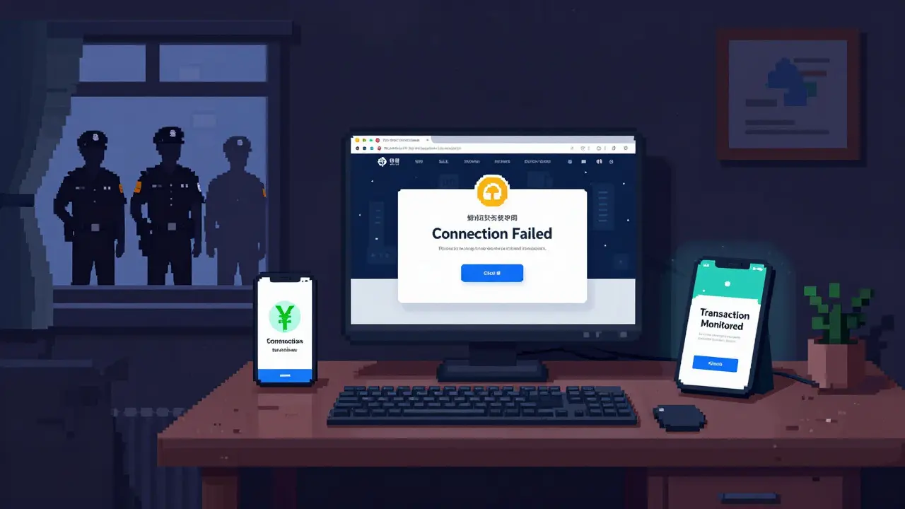 A Chinese citizen sees a 'Connection Failed' error on a crypto site, while police shadows loom outside and a digital yuan app glows on the nightstand.