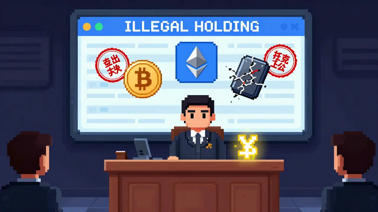 A defendant in court faces a pixelated blockchain ledger labeled 'ILLEGAL HOLDING', with crypto icons sealed by a red government stamp.