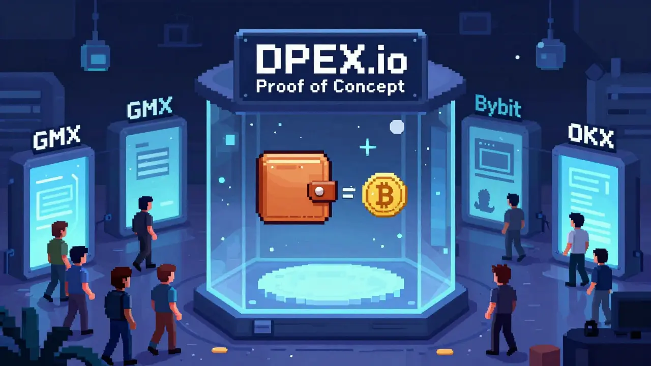 A lone wallet trading in a lab chamber while traders walk past toward other crypto platforms.