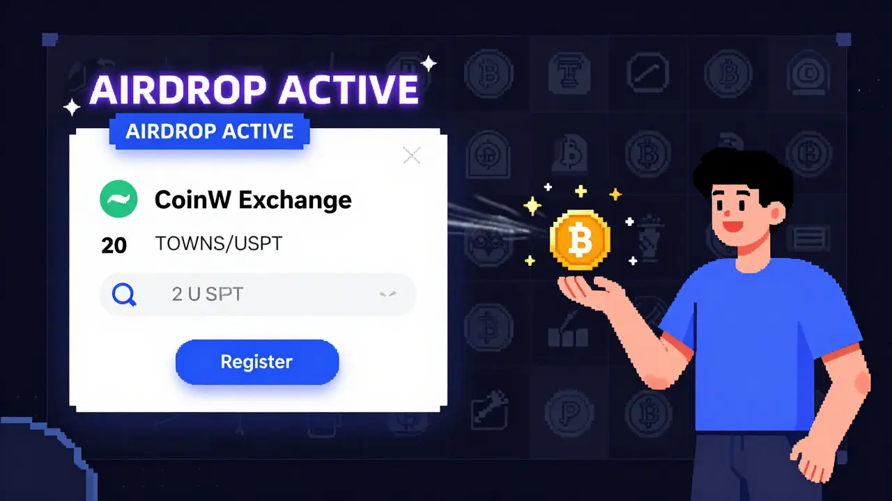 A new user signs up for CoinW Exchange and trades to claim a 3 USDT airdrop reward in pixel art style.