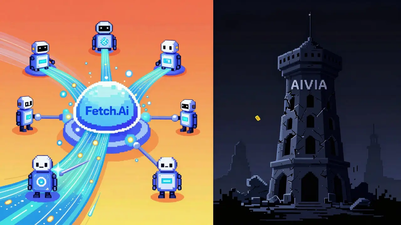 A split scene: active AI network vs. a crumbling AIVIA tower with no lights or movement.