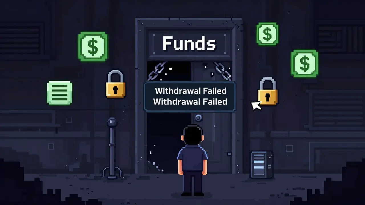 A trader facing a locked withdrawal screen with hidden fees and a disappearing server in pixel art style.