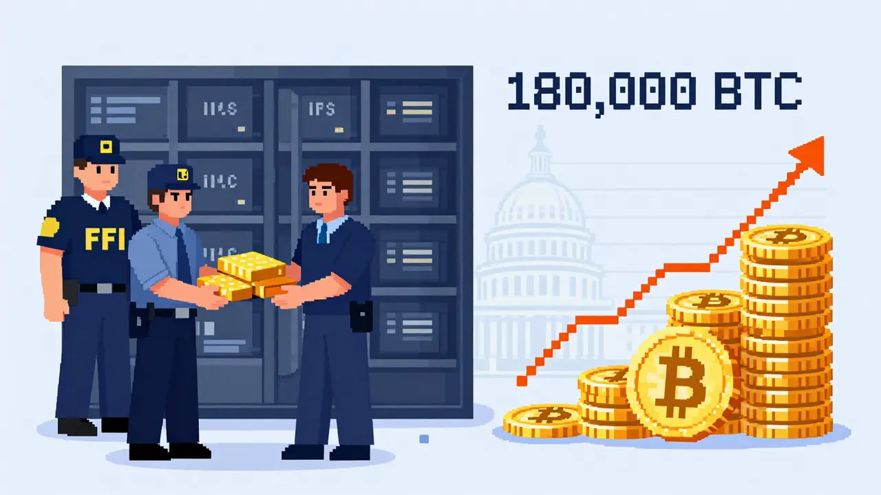 Agents transferring seized Bitcoin to a growing national reserve, with a rising price chart in the background.
