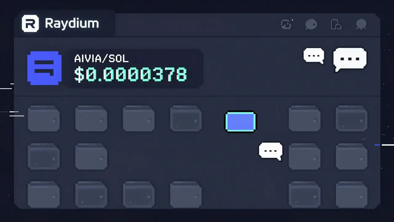 An empty Solana exchange interface showing near-zero AIVIA trading activity.