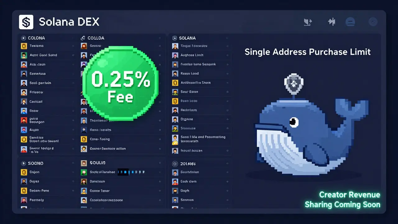 Bustling PumpSwap trading dashboard with fee limits and whale protection in retro pixel style.