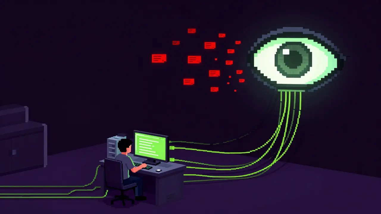 Computer connection monitored by a digital eye symbolizing government surveillance of transactions.