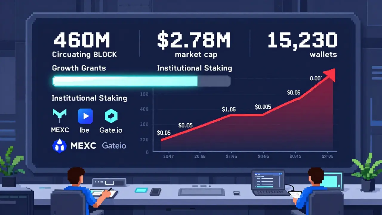 Control room dashboard showing BLOCK token metrics, growth progress bars, and price movement with exchange logos.