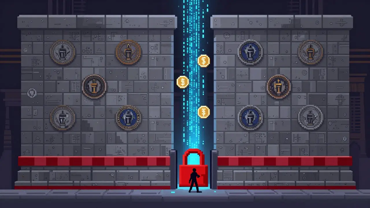 Digital assets blocked by a large legal wall representing banking regulations and restrictions.