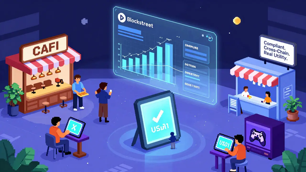 Digital marketplace where businesses accept USD1 payments, with Blockstreet platform rewards visible in the background.