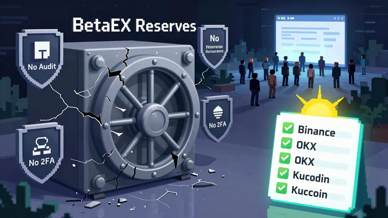 Empty vault labeled BetaEX with shattered security shields, while trusted exchanges shine nearby.