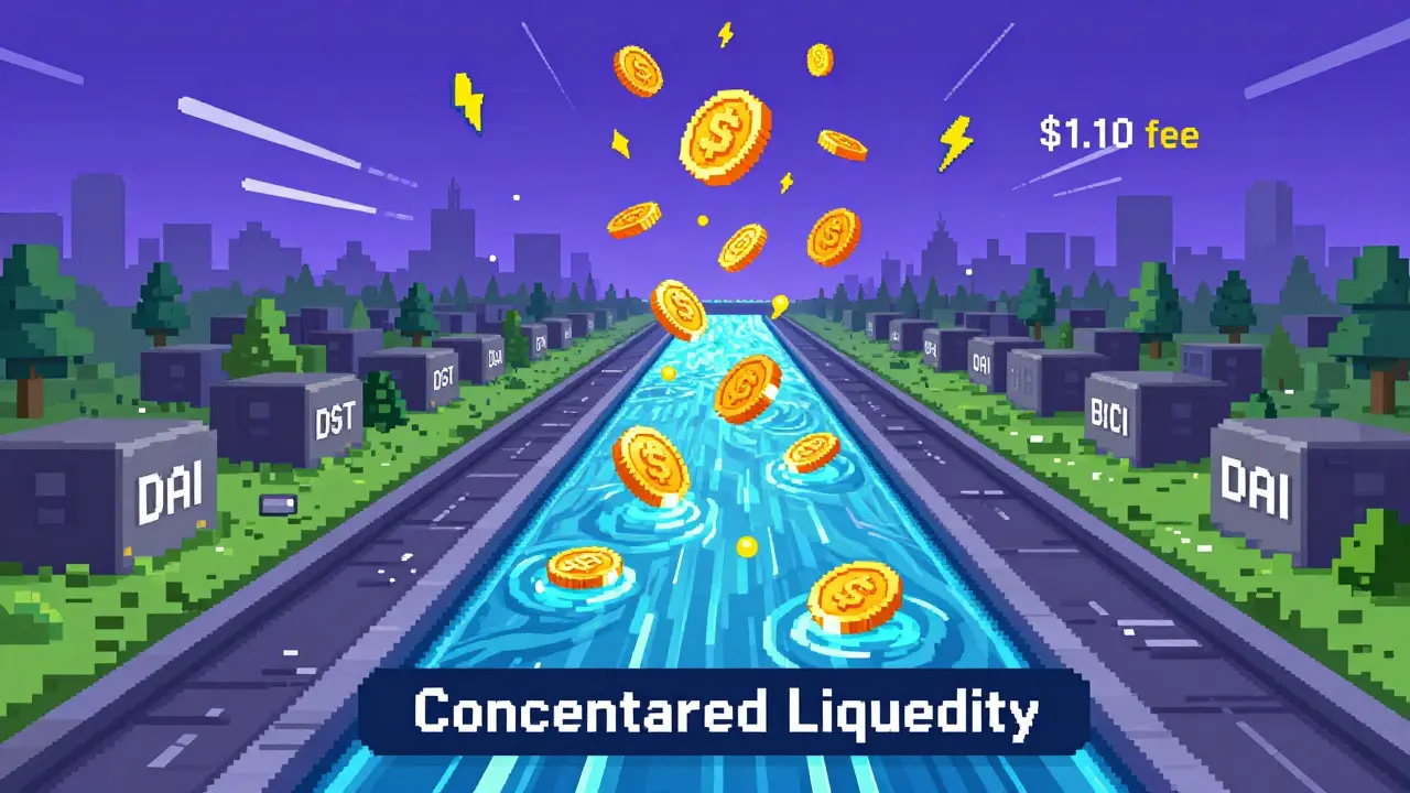 Glowing liquidity pool with CAKE rewards flowing through a narrow token channel.
