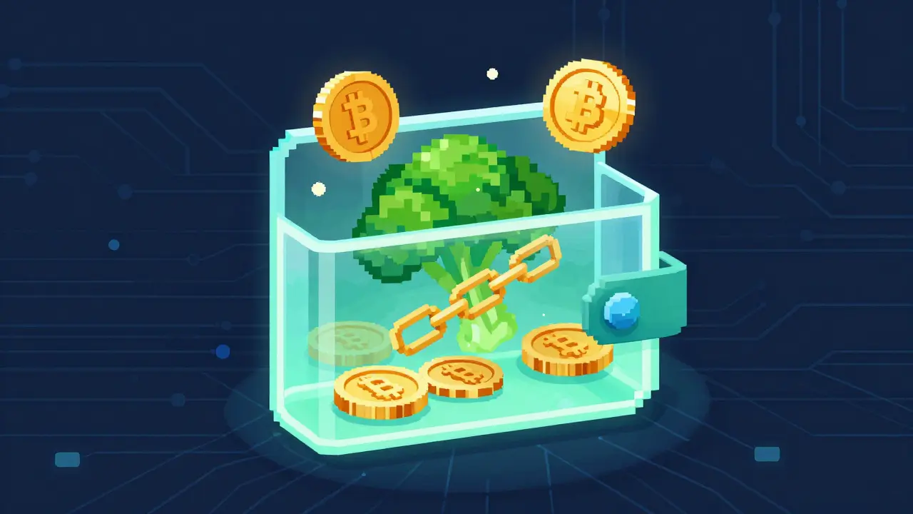 Glowing pixel wallet containing broccoli tokens and blockchain links.