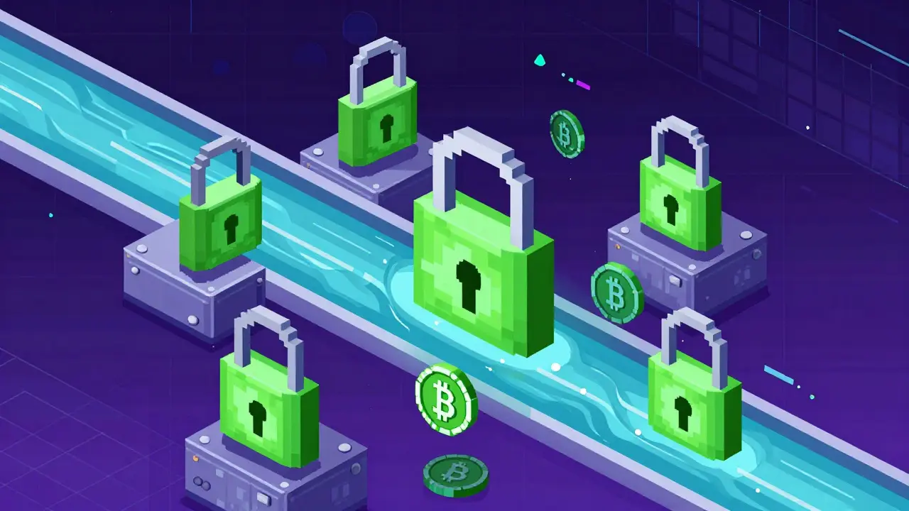 Green pixel locks securing a flow of digital currency tokens.