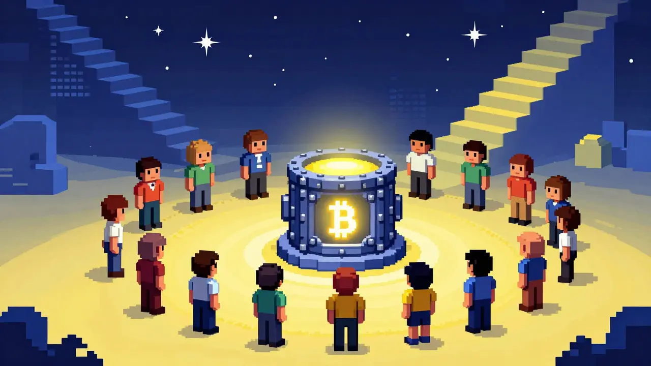 Group of pixel avatars standing near a glowing vault with stairs in the background.