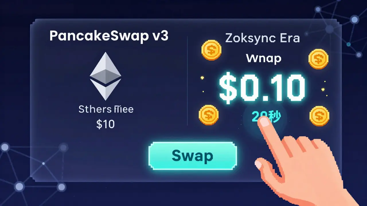 Hand clicking swap button on PancakeSwap v3 with comparison of Ethereum vs zkSync fees.
