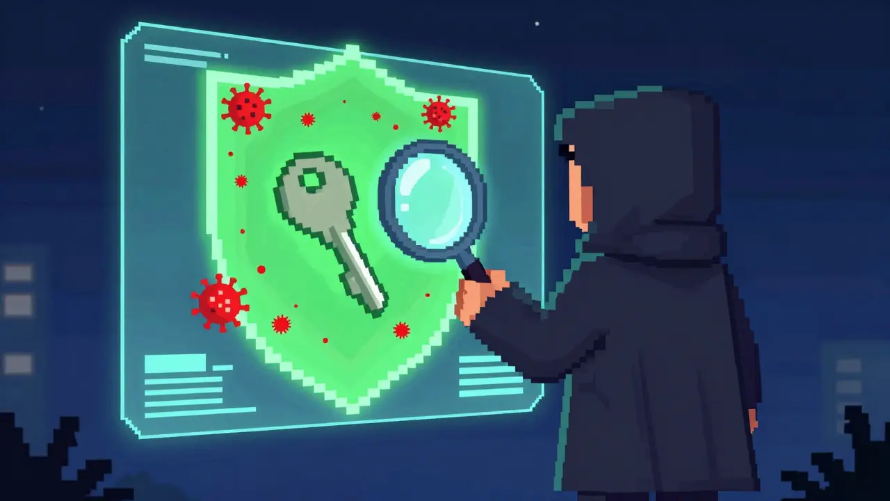 Hooded pixel character inspecting digital wallet key with magnifying glass and security shield.
