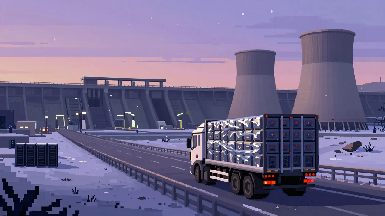 Lone truck carrying mining rigs away from a Swedish facility as hydroelectric dam powers empty halls.