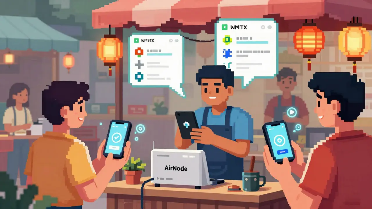 Marketgoers in Southeast Asia paying for mobile data with WMTX tokens using handheld devices.