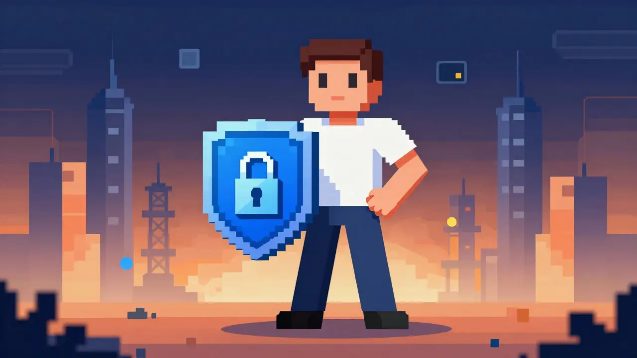 Pixel art avatar holding a shield with network towers in the background.
