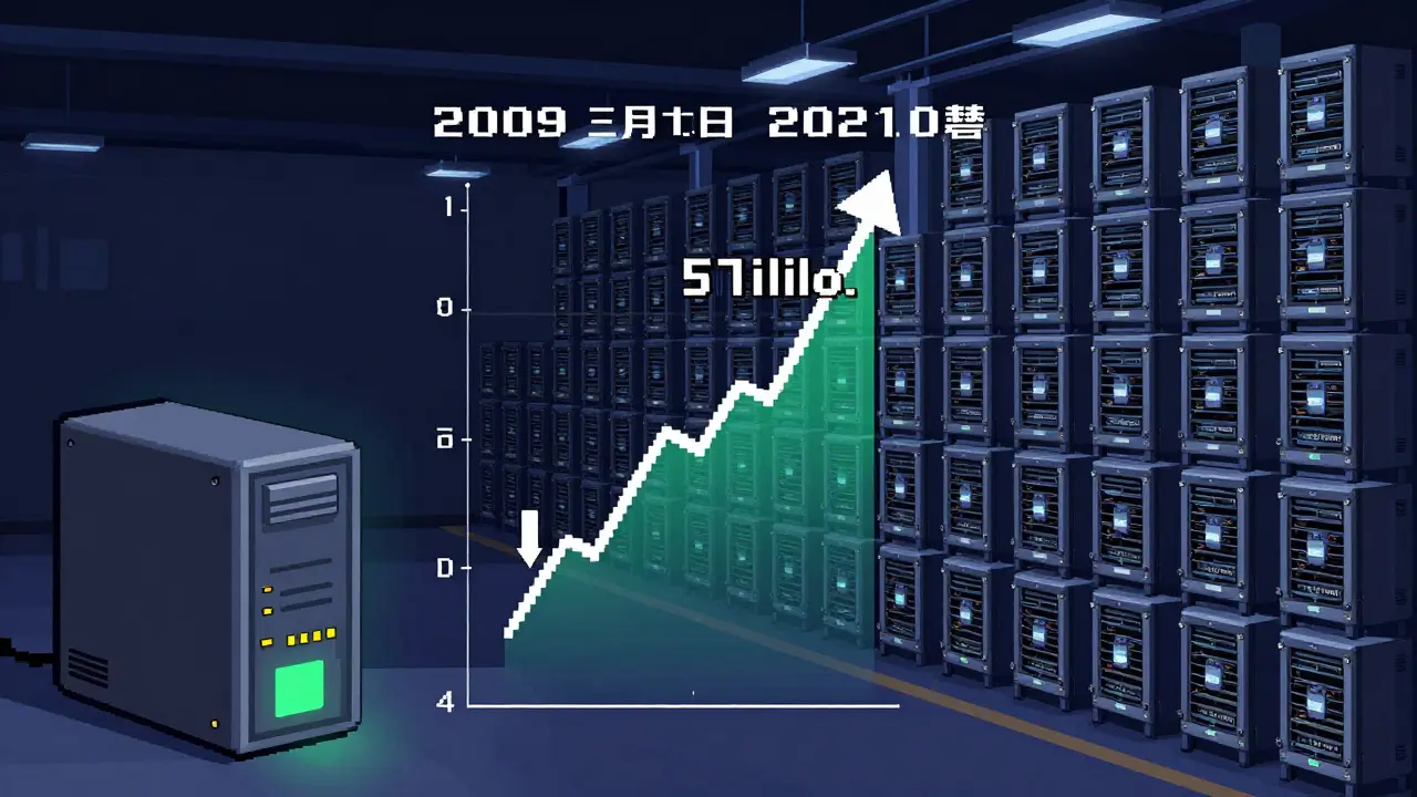 Pixel art comparing early Bitcoin mining on a PC to today's massive ASIC mining farms with rising difficulty graph.