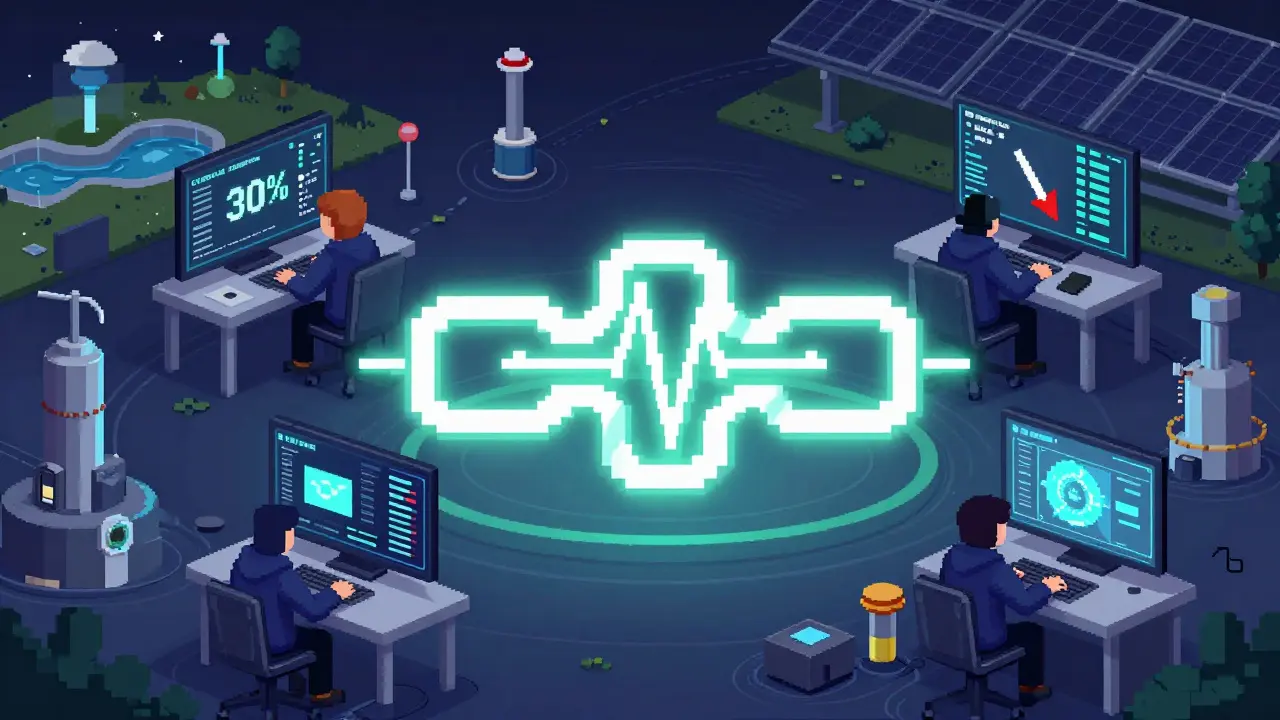 Pixel art of a blockchain heartbeat with miners adjusting to difficulty changes, powered by renewable energy sources.