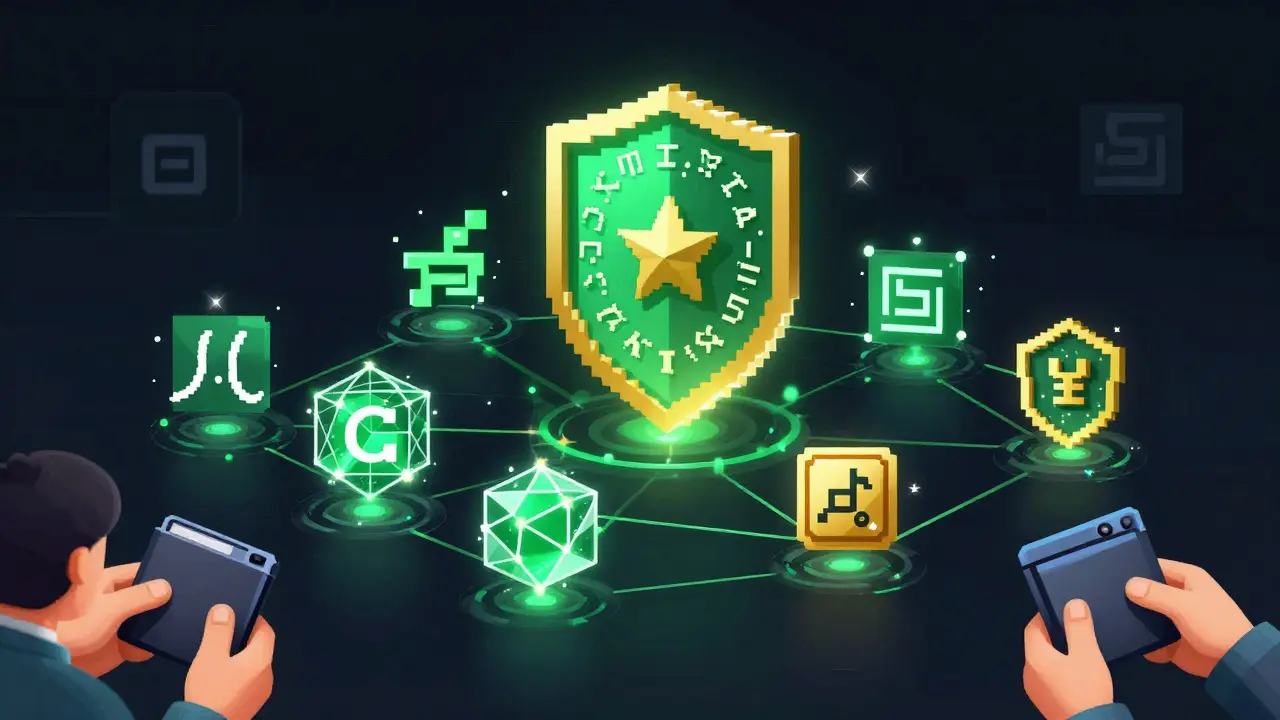 Pixel art of a blockchain network upgrading to quantum-resistant lattice and hash-based cryptography.