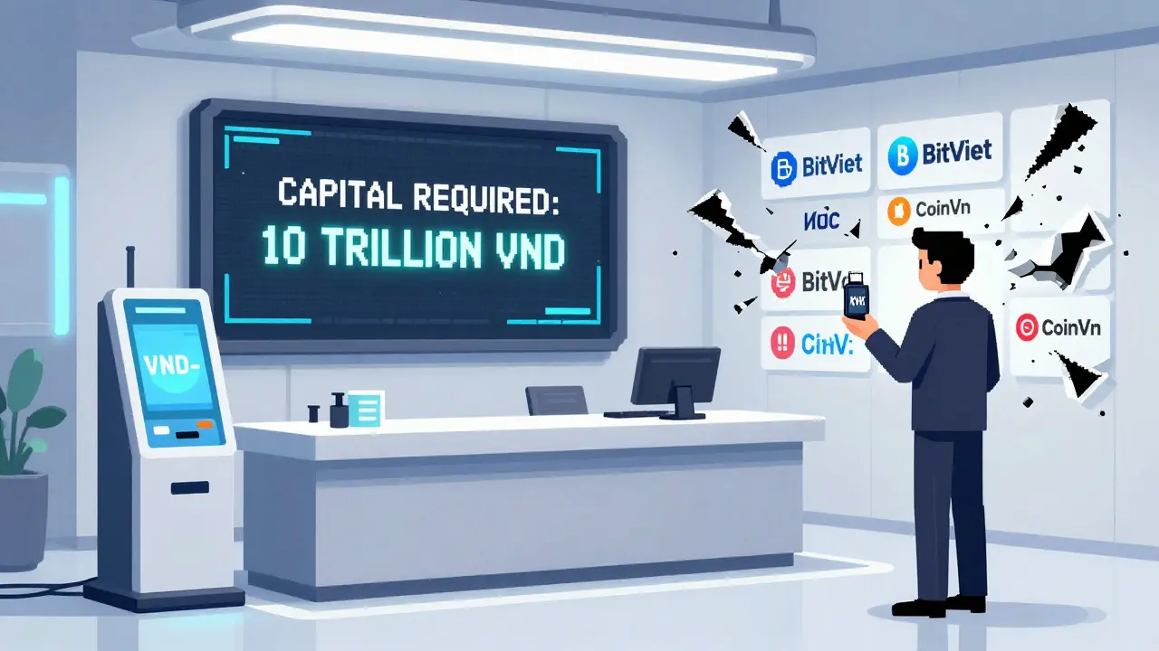 Pixel art of a sterile Vietnamese crypto license office with a VND-only terminal and massive capital requirement display.