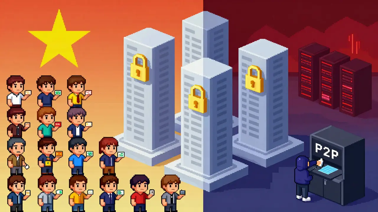 Pixel art of divided Vietnam: citizens with VND wallets vs. state exchange towers and offshore crypto servers in the distance.