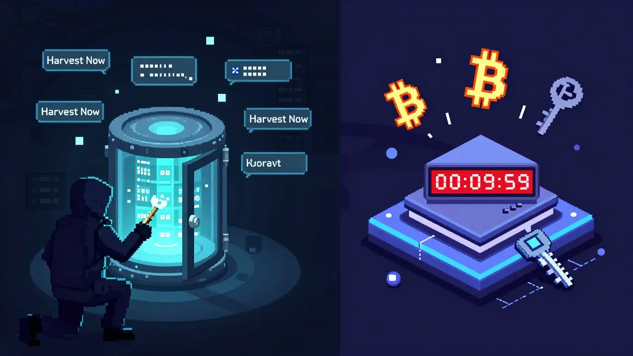 Pixel art showing a hacker collecting blockchain public keys while a quantum processor counts down to decrypt them.