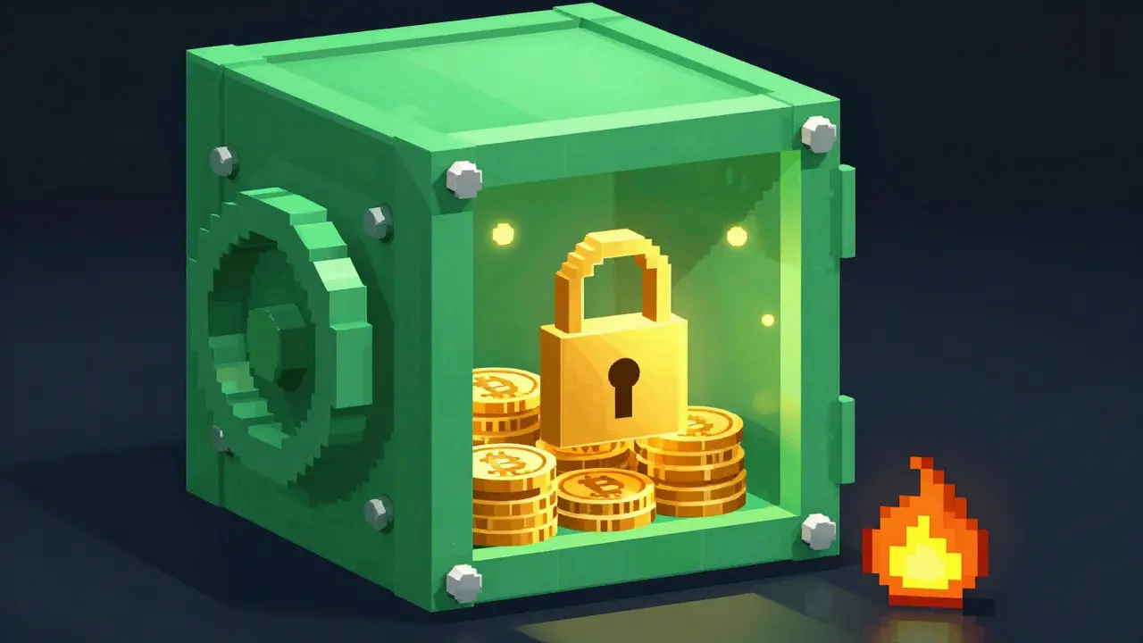 Pixel art vault filled with tokens and a small flame icon for low fees.