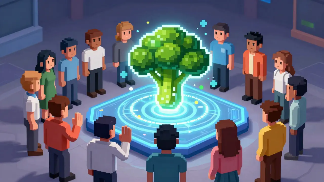 Pixel avatars voting together around a central broccoli token.