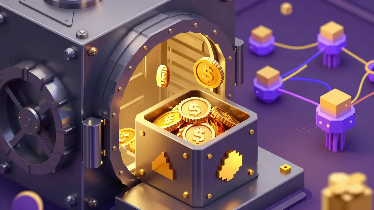 Pixelated digital vault storing golden coins with blockchain connections in background showing secure assets.