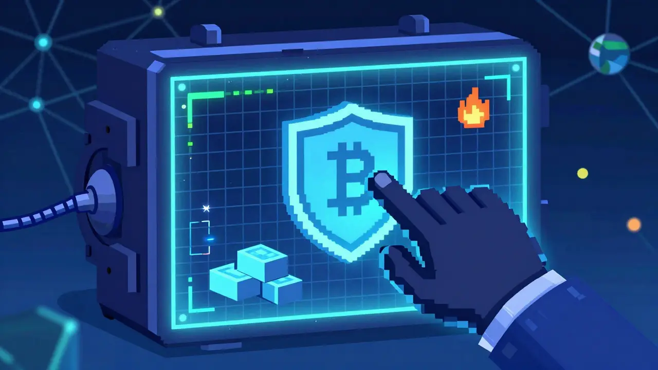 Pixelated digital wallet protected by a shield icon