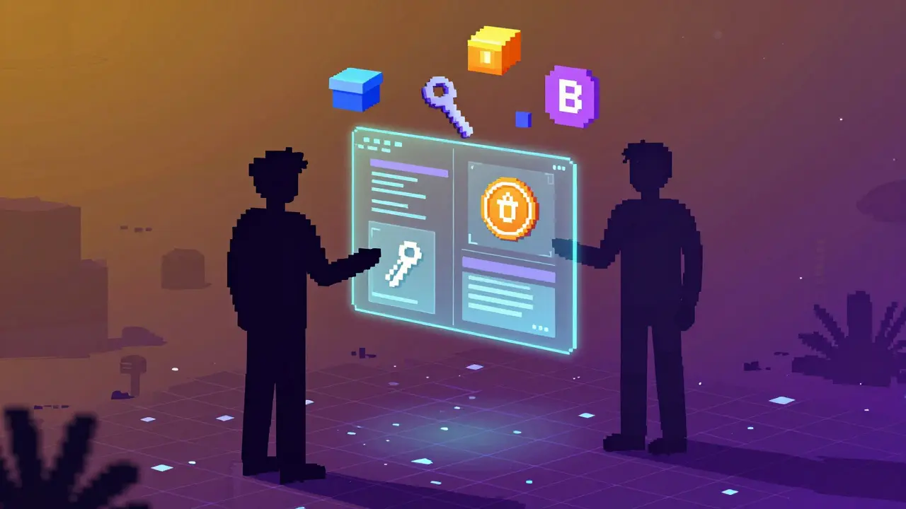 Pixelated figures exchanging goods in a decentralized marketplace with a glowing interface.