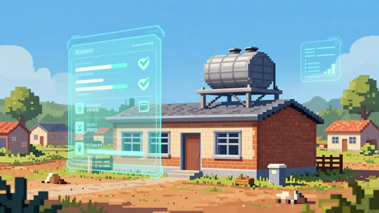 Pixelated school construction site with digital progress overlays.