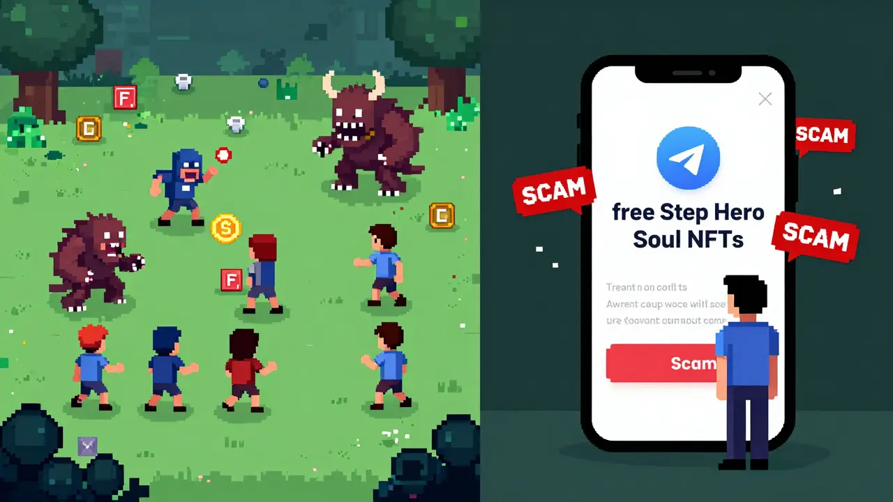 Players thriving in Step Hero game vs. one person fooled by fake 'Step Hero Soul' ad.