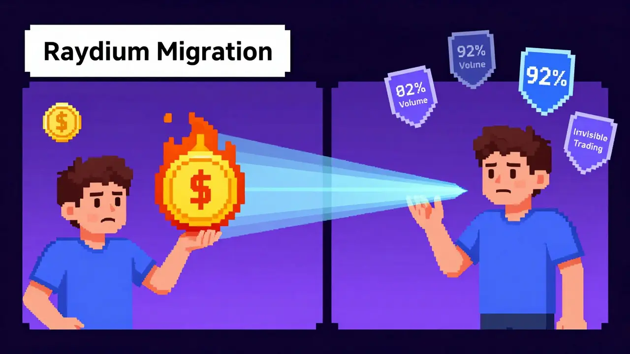 Side-by-side comparison of costly Raydium migration vs. seamless PumpSwap migration in pixel art.