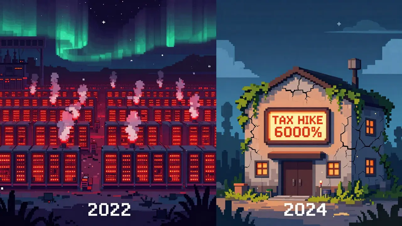 Split scene: vibrant 2022 mining farm vs. desolate 2024 empty building with 'TAX HIKE 6000%' sign.