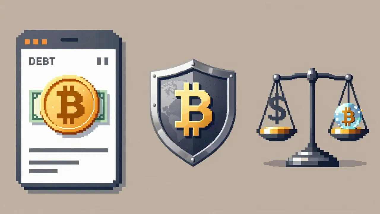 Three futuristic uses of Bitcoin: debt payment, diplomatic collateral, and dollar backing via digital gold standard.