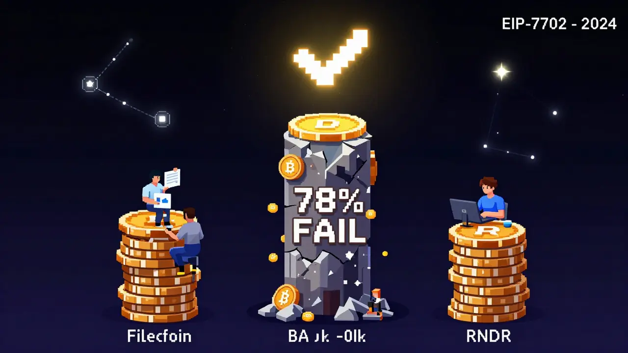 Three successful utility tokens stand as pillars amid a tower of failed tokens, under a glowing future upgrade symbol.